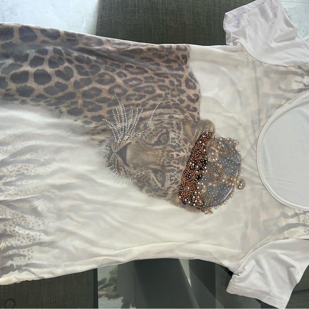 Women's White Leopard Graphic Top with Embellished Crown by DICE - Picture 4 of 7